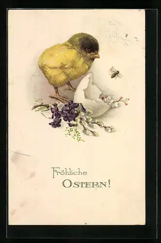 Künstler-AK Osterküken neben Eierschale und Biene