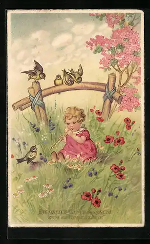 Künstler-AK Kleinkind auf der Wiese mit Flöte und Vögeln