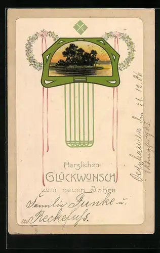 Künstler-AK Insel im Abendrot mit Blumenkränzen und Jugendstil-Ornamenten - Neujahrsgruss