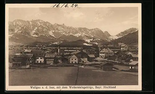 AK Wallgau a. d. Isar, Ortsansicht mit dem Wettersteingebirge