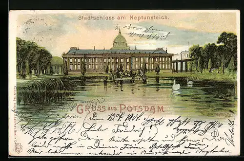 Lithographie Potsdam, Stadtschloss am Neptunsteich