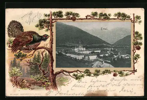 Passepartout-Lithographie Ettal, Gesamtansicht mit Auerhahn auf einem Ast