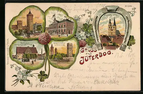 Lithographie Jüterbog, Nikolaikirche, Post, Rathaus