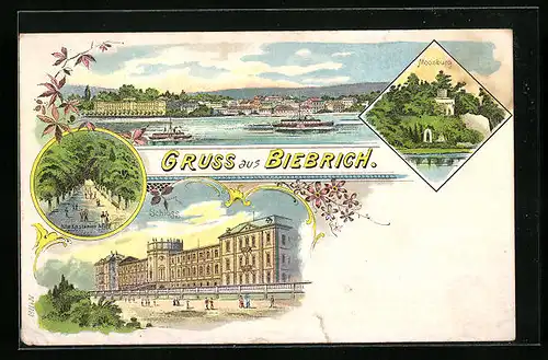 Lithographie Biebrich, Panorama, Schloss, Moosburg