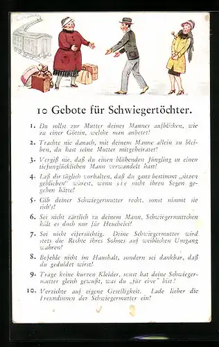 Künstler-AK 10 Gebote für Schiwegertöchter, frauenfeindlicher Humor