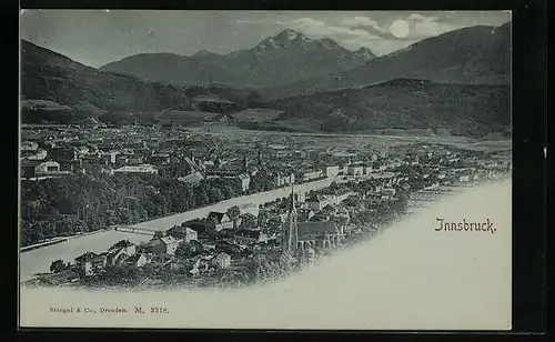 Mondschein-AK Innsbruck, Totalansicht mit Bergpanorama