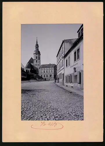 Fotografie Brück & Sohn Meissen, Ansicht Strehla a. Elbe, Strassenpartie mit Handlung Richard Burkhardt, Bäckerei Karl