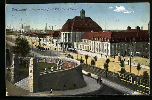 AK Dortmund, Strassenbahn vor dem Hauptbahnhof, Fehmlinde-Bastei