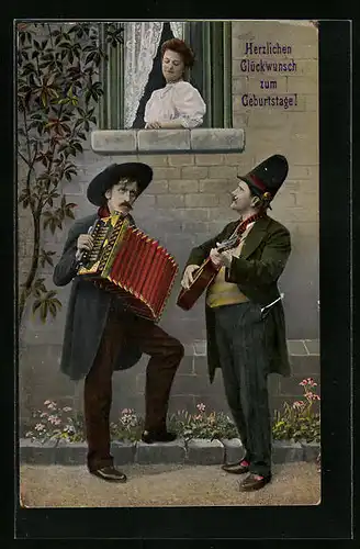 Künstler-AK Zwei Musiker mit Akkordeon und Gitarre unter dem Fenster einer jungen Dame