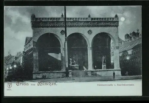 Mondschein-AK München, Feldherrnhalle und Residenzstrasse