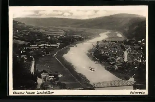 AK Bodenwerder, Oberweser-Personen-Dampfschiffahrt, Uferpartie mit Brücke