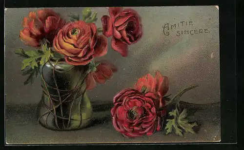 Präge-Künstler-AK Vase mit roten Rosen aufgestellt