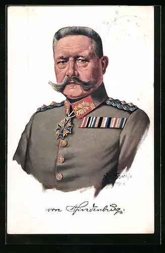 Künstler-AK Paul von Hindenburg, der Generalfeldmarschall mit vielen Orden behangen