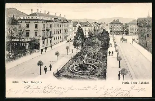 AK Reutlingen, Partie beim Bahnhof mit Hotel Kronprinz