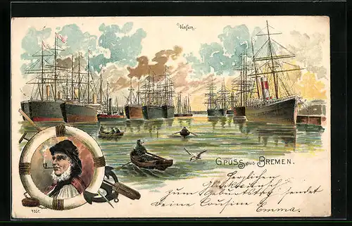 Lithographie Bremen, Hafenbild, Seemann im Rettungsring