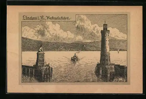 Künstler-AK Lindau, Hafeneinfahrt mit Leuchtturm