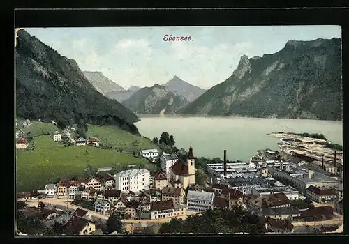 AK Ebensee, Ortsansicht mit Seeblick