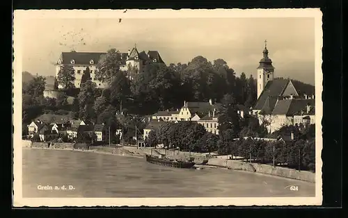 AK Grein a. d. D., Uferpartie mit Kirche, Schiff