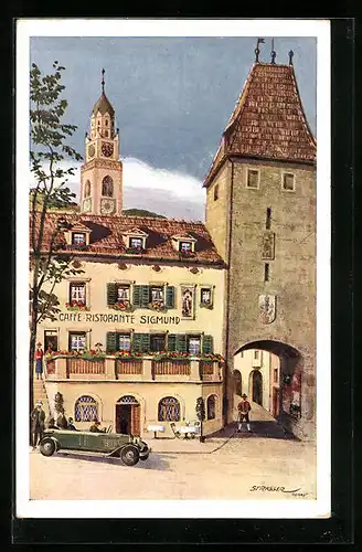 Künstler-AK Merano, Cafe Sigmund, Piazza della Rena