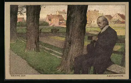 Künstler-Lithographie Paul Hey: Ein Herr sitzt in der Abendsonne