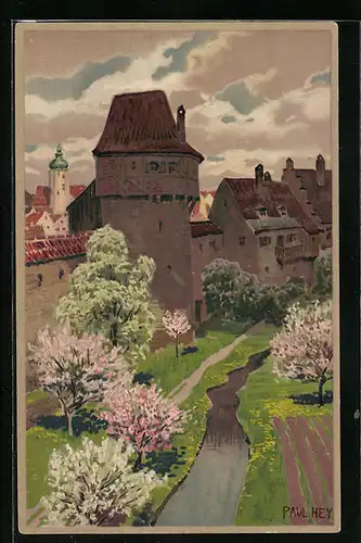 Künstler-Lithographie Paul Hey: Stadtmauer im Frühlingskleid