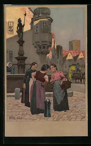 Künstler-Lithographie Paul Hey: Frauen unterhalten sich am Marktbrunnen