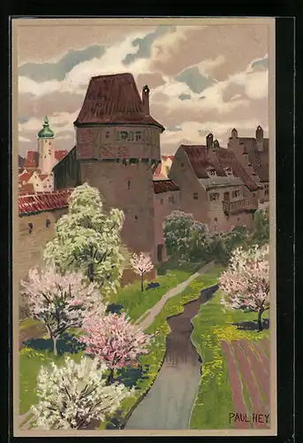 Künstler-Lithographie Paul Hey: Stadtmauer und Bäume im Frühling