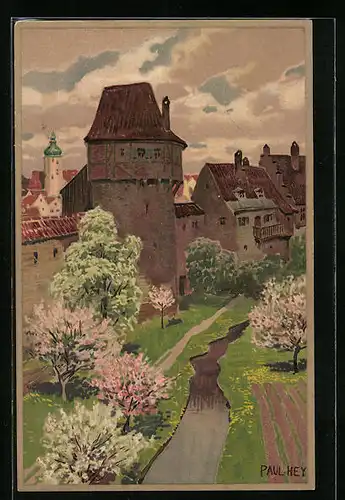 Künstler-Lithographie Paul Hey: Blühende Bäume an der Stadtmauer