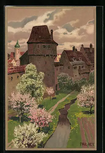 Künstler-Lithographie Paul Hey: Frühlingsidyll an der Stadtmauer