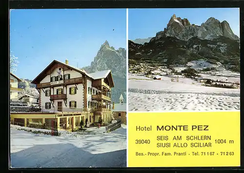 AK Seis am Schlern, Hotel Monte Pez, Bes. Fam. Prantl, Hotel und Umgebung im Winter