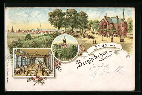 Lithographie Hildesheim, Gasthaus Berghölzchen, Panorama der Stadt
