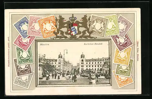 Präge-AK München, Karlstor-Rondell mit Strassenbahn, Wappen und Briefmarken, Passepartout