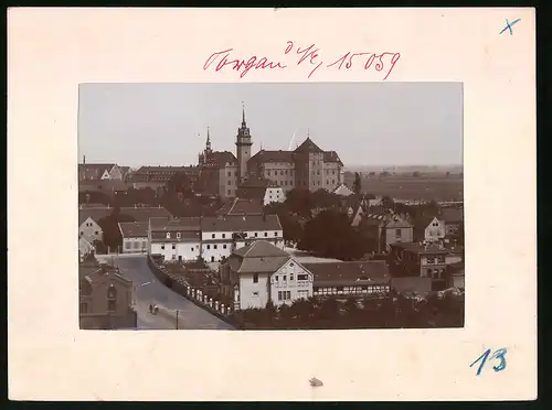 Fotografie Brück & Sohn Meissen, Ansicht Torgau a. Elbe, Blick in den Ort mit Wohnhäusern und dem Schloss Hartenfals