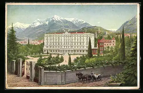 Künstler-AK Meran, Palast-Hotel mit Pferdewagen