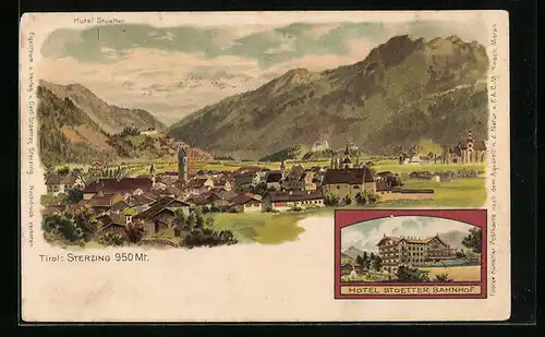 Lithographie Sterzing, Totalansicht mit Hotel Stoetter am Bahnhof