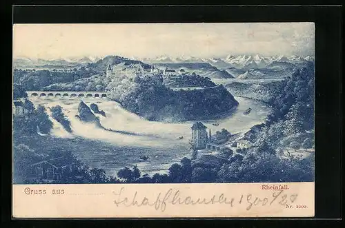 AK Der Rheinfall vor Bergpanorama, Eisenbahnbrücke mit Dampflok