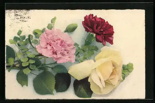 Künstler-AK Photochromie Nr.: 4017, Zwei Nelken mit gelber Rose