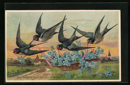 Präge-AK Schwalben mit Vergissmeinnichtkorb beim Flug über eine Landstrasse