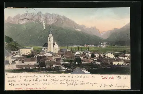 AK Toblach, Ortsansicht aus der Vogelschau