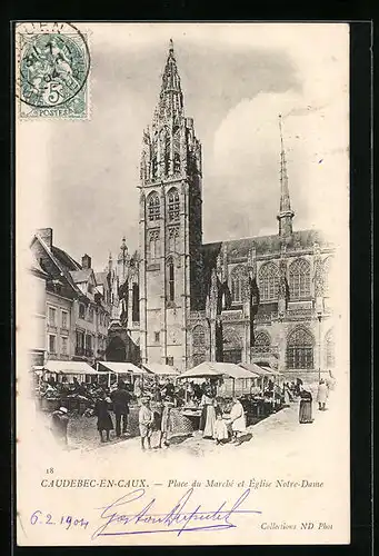 AK Caudebec-en-Caux, Place du Marché et Eglise Notre-Dame