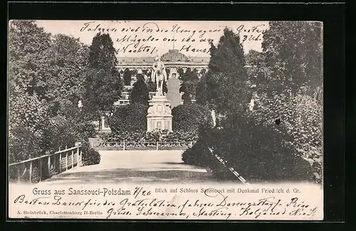 AK Potsdam, Schloss Sanssouci mit Denkmal Friedrich des Grossen