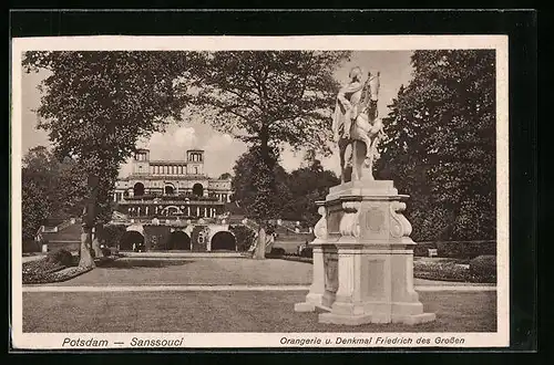 AK Potsdam, Orangerie und Denkmal Friedrich des Grossen im Park von Sanssouci