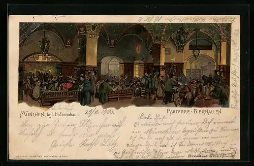 Lithographie Münchner Hofbräuhaus, Blick in die Parterre-Bierhallen