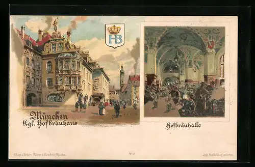 Lithographie Münchner Hofbräuhaus, Aussen- und Innenansicht