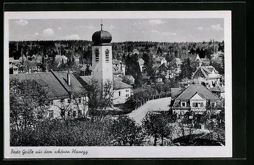 AK Planegg, Strassenpartie mit Kirchturm