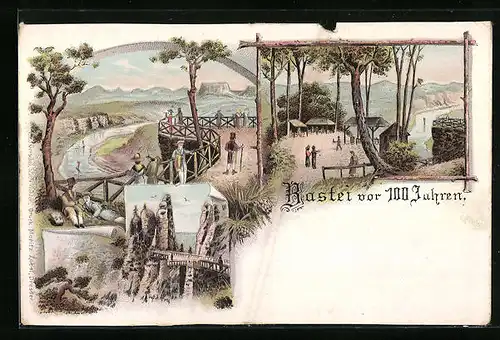 Lithographie Bastei, Ortspartie vor 100 Jähren, Uferpartie, Brücke
