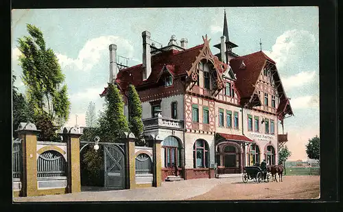 AK Raschwitz, Gasthof Forsthaus Raschwitz - Strassenansicht mit Kutsche