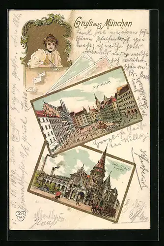 Lithographie München, Passanten am Marienplatz, Restaurant Löwenbräukeller