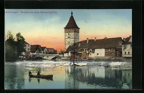 AK Waiblingen, Brücke an der Rems im Abendrot