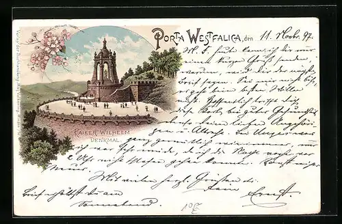 Lithographie Porta Westfalica, Kaiser Wilhelm-Denkmal